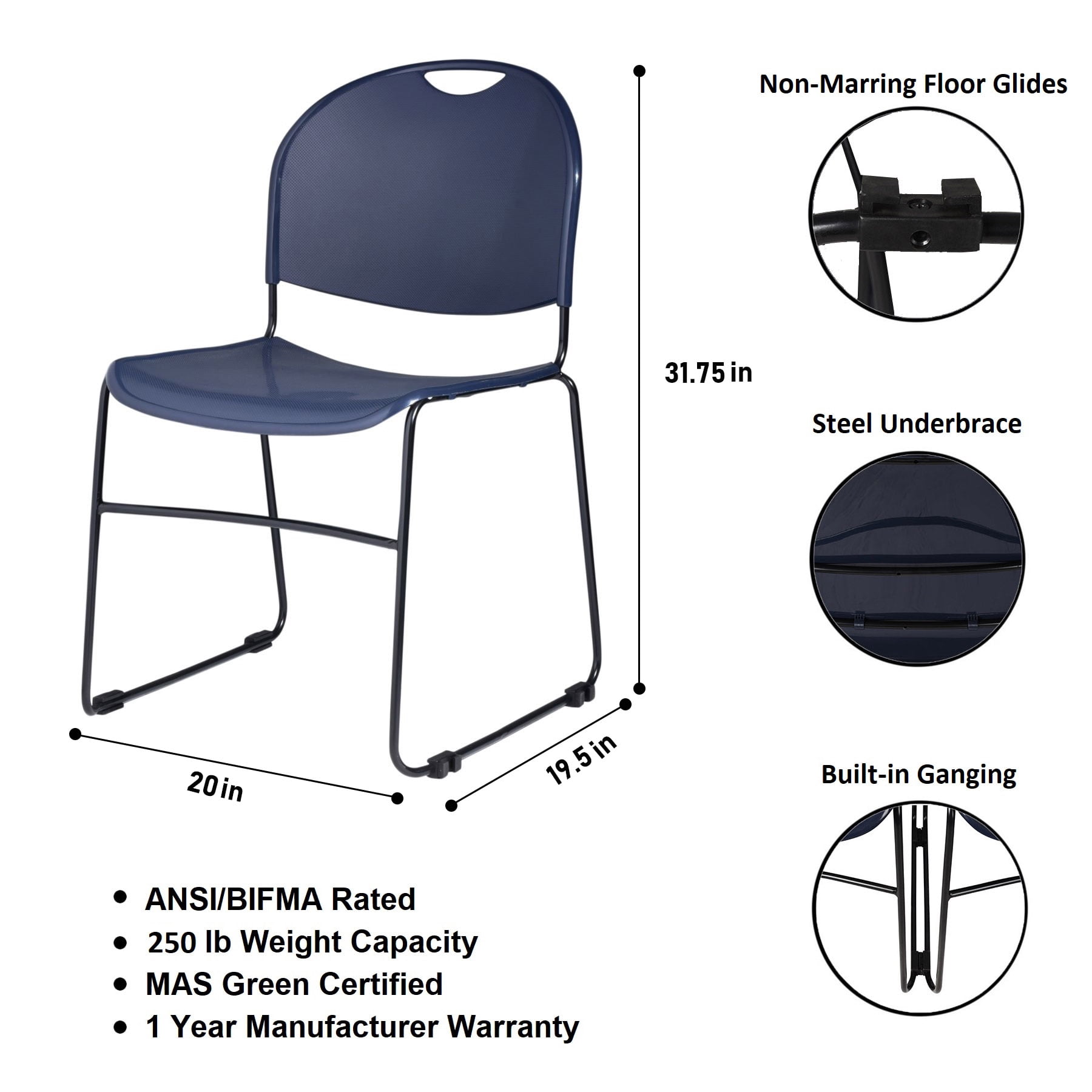 Hampden Furnishings Naomi Collection Basics Plastic/Steel Stack Chair, Navy Blue, 2 pack