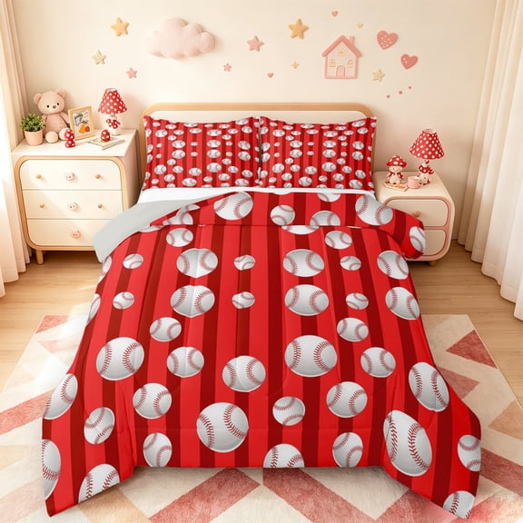 jejeloiu Baseball Bedding Comforter Set,Ball Game Sports Twin Comforter Sets,Red Geometric Lines Bedding Set For Children,Microfiber Bedroom Decor Reversible,2pcs