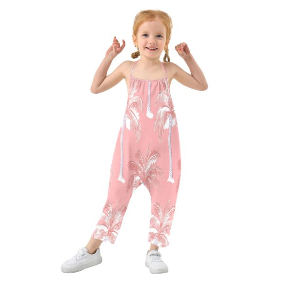 Girls' Jumpsuits Rompers Summer Casual Sleeveless Rompers With Pockets Spaghetti Strap Romper Coral Pink Palm Tree 1T