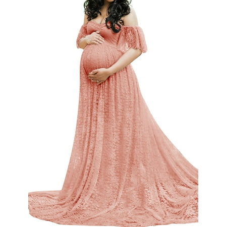 

Maternity Off Shoulder Ruffle Sleeve Lace Wedding Gown Maxi Photography Dress for Photo Shoot Dress