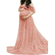Boiiwant Maternity Lace Dress Elegant Pregnancy Gown Stretchy Off The Shoulder Ruffle Sleeve Flowy Long Maxi Dress for Photoshoot Baby Shower Wedding