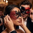 thumbnail image 4 of Masquerade Mask for Couples, Lace Masquerade Mask and Classic Half Mask Set, Masks for Masquerade Party, Halloween Masks for Events, Black and Purple 2 Pack, 4 of 7