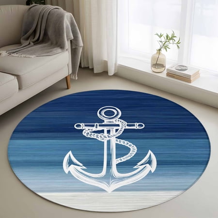 Round Rug 3ft Area Rug Nautical Anchor Navy Blue Gradient Area Rugs for Living Room Bedroom Summer Coastal Nautical Theme Floor Mat Non-Slip Non-Shedding Carpet Indoor Accent Rugs