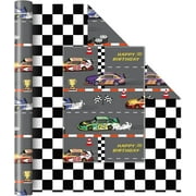 Racing Car Wrapping Paper - 1 Roll 17” x 33 ft Car Birthday Wrapping Paper Kids Boys Gift Wrap Reversible Birthday Present Packing Decoration Race Cars with Checkered Design