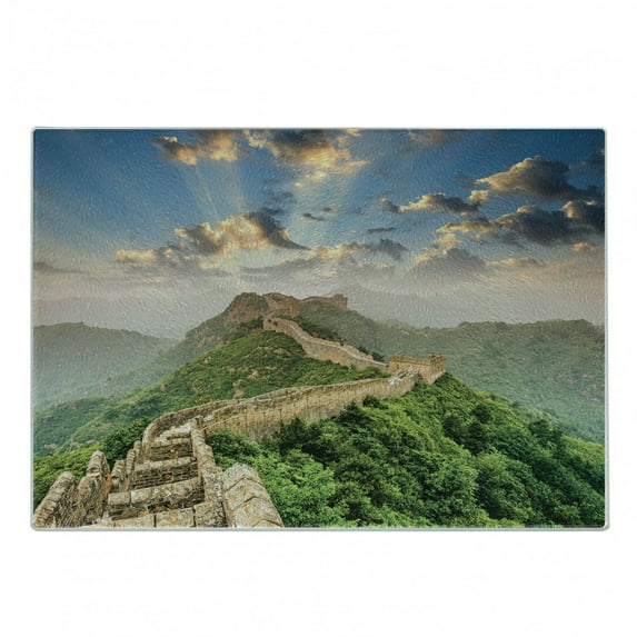 China Cutting Board, Oriental Medieval Blockade on High Lands Old Wonders the Past Picture, Decorative Tempered Glass Cutting and Serving Board, Small Size, Blue Green, by Ambesonne