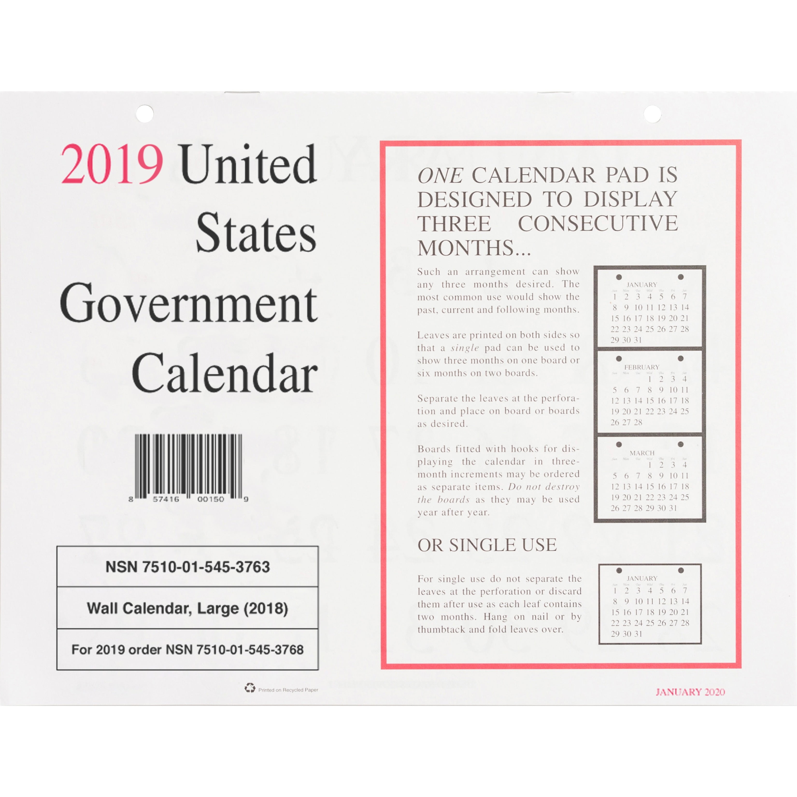 Unicor Monthly Wall Calendar