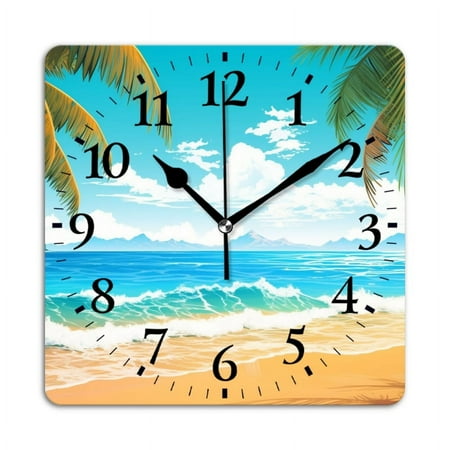 Square Wall Clock,Beach With Palm Trees And Waves Under Blue Sky,Silent Non-Ticking Wall Clock Decor for Home Office Kitchen Living Room Bedroom(12inch)