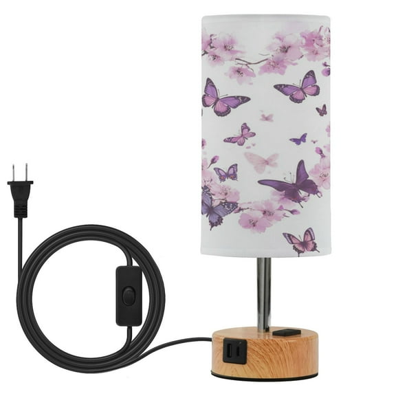 Wobogo Purple Butterfly Pink Floral Bedside Lamp Touch Control Table Lamp with USB A C Charging Ports & AC Outlet 3-Way Dimmable Nightstand Lamp with Linen Fabric Shade for Bedroom Living Room