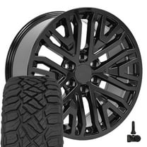 OE Wheels CV37 20 Inch Rims and Tires Fit Sierra 1500 Style 6x139.7 20x9 Gloss Black - Hollander 5906 - TerraMax RT 275/55-20 (Set of 4)