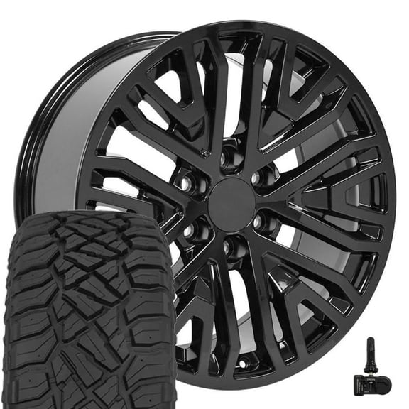 OE Wheels CV37 20 Inch Rims and Tires Fit Sierra 1500 Style 6x139.7 20x9 Gloss Black - Hollander 5906 - TerraMax RT 275/55-20 (Set of 4)
