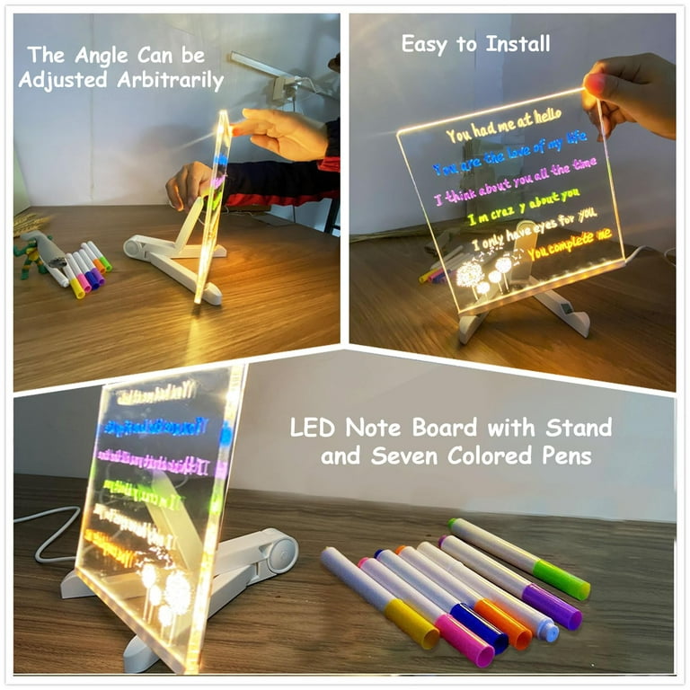 LED Note Board with Colors, Acrylic Dry Erase Board with Light, Acrylic LED  Writing Board, Glowing Acrylic Marker Board with Stand as a Glow Memo