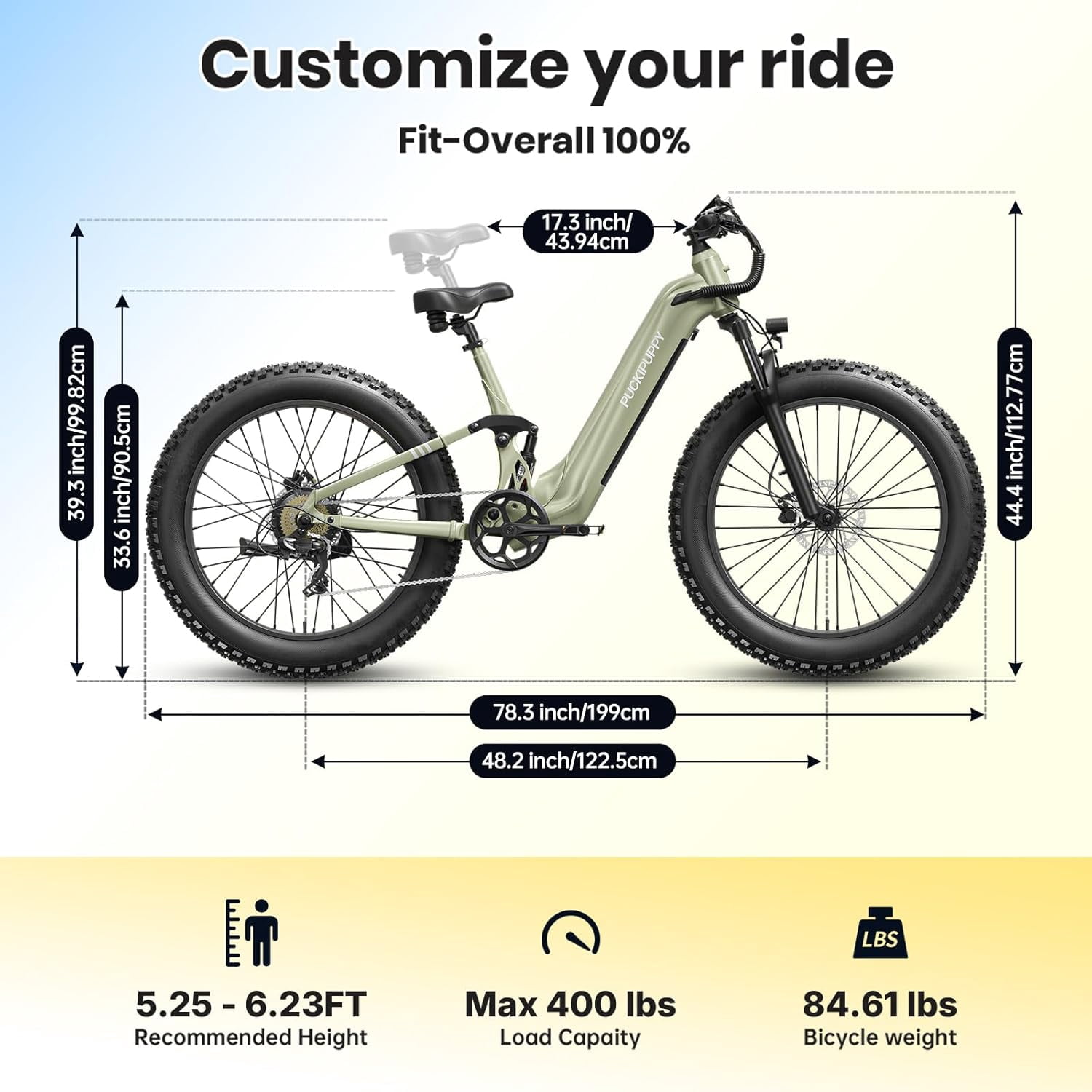 PUCKIPUPPY 26" Fat Tire Electric Bikes for Adults 28mph Top Speed 960W Peak 80Miles Max Range Full Suspension Step Through Ebike 48V 20AH Battery 7 Speed E-Mountain Bike, Comply with UL2849 By SGS
