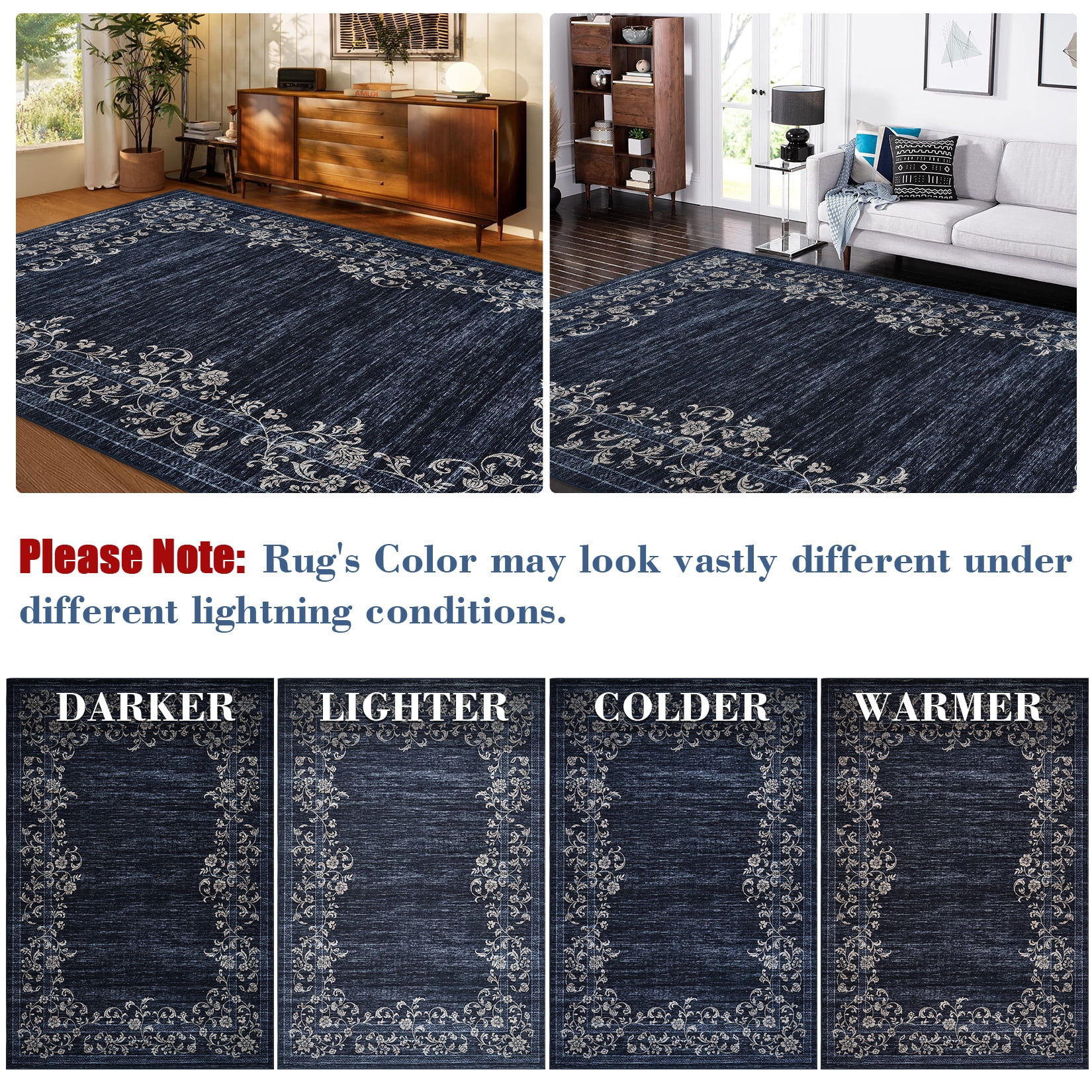 HOMERRY Washable 10' x 13' Area Rug for Living Room Farmhouse Modern Floral Bordered Dark Blue Rug Stain Resistant Large Indoor Carpet