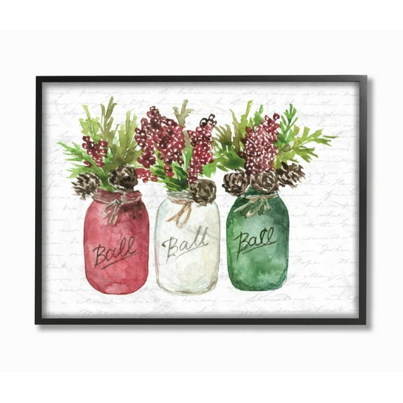 Stupell Industries Mason Jar Christmas Foliage Holiday DesignFramed Wall Art By Artist Lettered and Lined