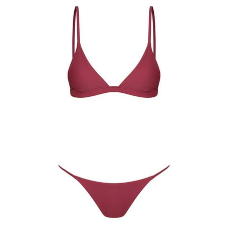 Womens Bikinis Solid Color Spaghetti Strap Sexy Mini Brassiere With Thongs Push Up Two Piece Brazilian Swimsuits Set Swimwears Beachwear Red S