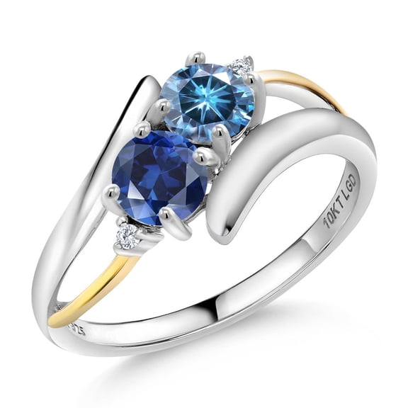 Gem Stone King 925 Silver and 10K Yellow Gold Ring Round Persian Blue Moissanite and Created Sapphire Blue (1.12 Cttw, Size 8)