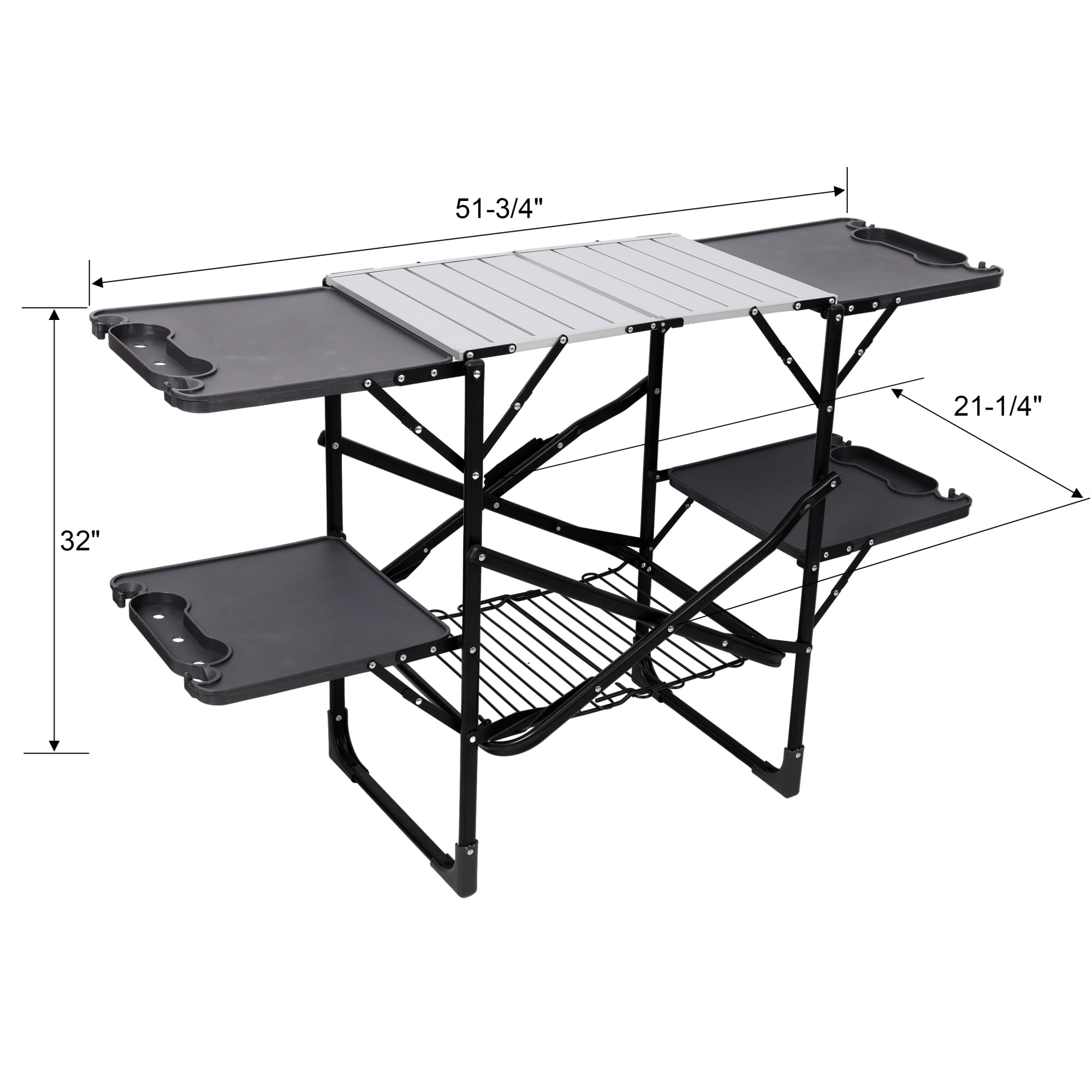 Leumius Portable Camping Kitchen Table with Heat Resistant Top,Folding Outdoor Cooking Station with 4 Side Tables,Storage Rack for Picnics,Camping,Trips,Black