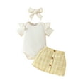 thumbnail image 2 of Aojekbee Baby Girls Summer Outfit Ribbed Short Sleeves Rompers and Plaid Buttons Skirt Headband 3 Piece Clothes Set, 2 of 10