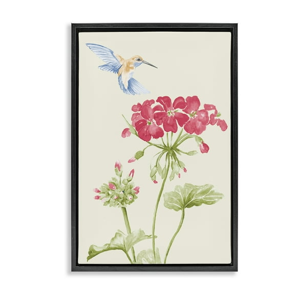 Stupell Industries Geraniums & Hummingbird Botanical & Floral Painting Black Floater Framed Art Print Wall Art, 17 x 25