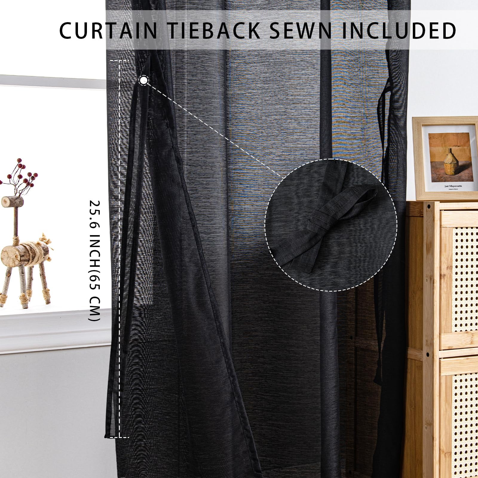 JIUZHEN Black Sheer Curtains 63 Inches Long - Semi Transparent Light Filtering Grommet Window Drapes for Living Room/Bedroom, 52Wx 63L, Set of 2 with Tiebacks