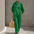 thumbnail image 2 of 2 Piece Outfit for Women Stand Collar Half Zip 3/4 Batwing Sleeve Blouse Matching Wide Leg Pants Solid Linen Look Casual Travel Suit for Spring Summer Vacation Daily Wear, 2 of 5