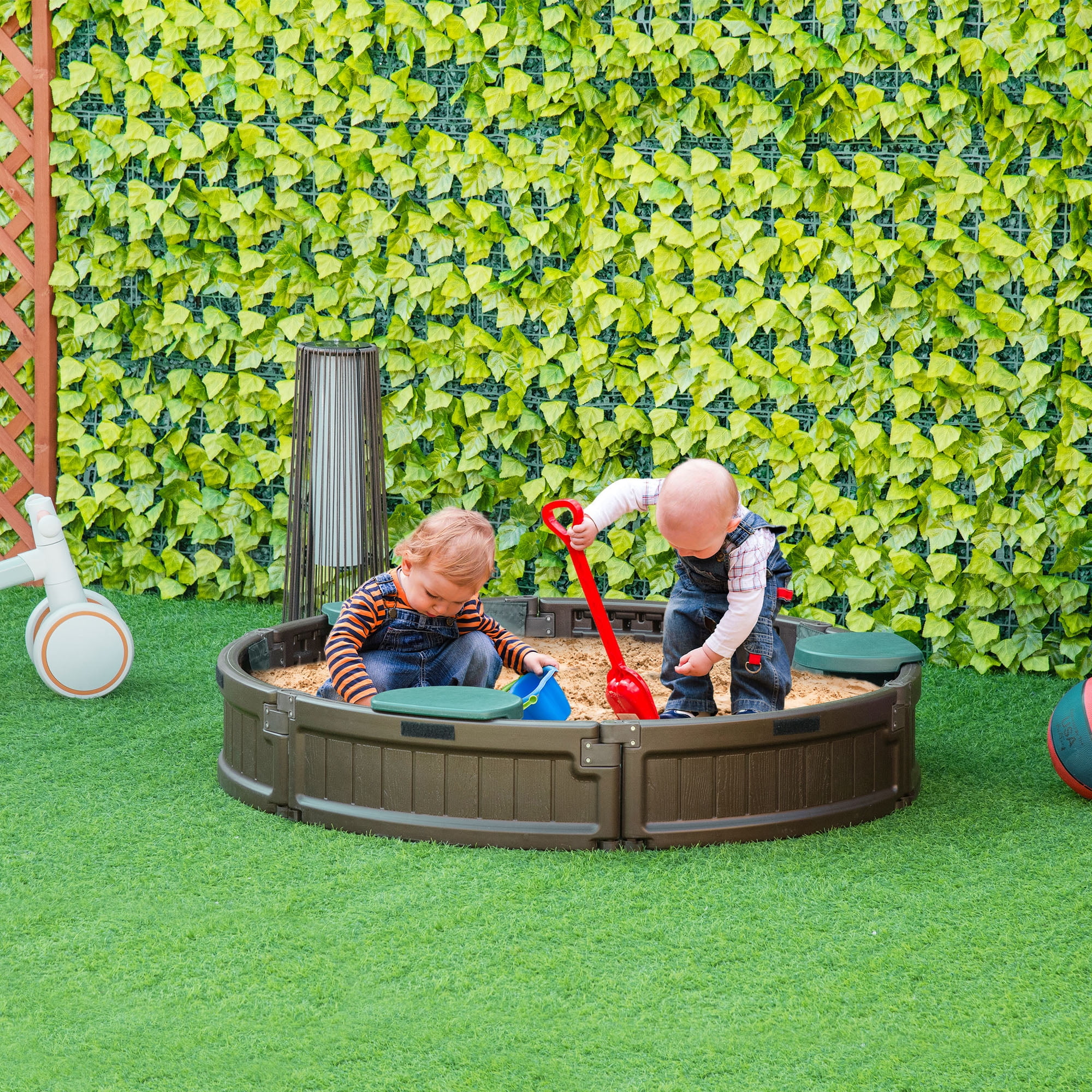 Kids Outdoor Round Sandbox with Cover & Garden Bed, 48.5" HDPE Sand Pit with 4 Seats, Easy Assembly Backyard Play Station, Brown