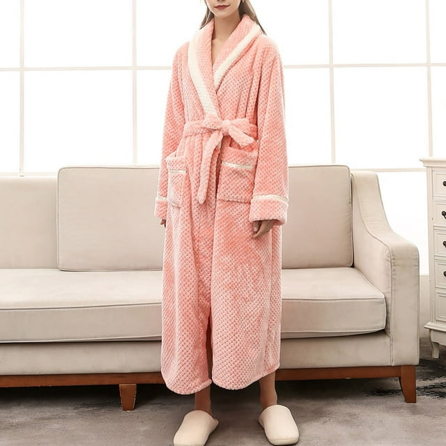 LSLJS Peignoir Bandage Uni pour Femmes, Longue Robe de Chambre, Chemise de Nuit, Vêtement de Nuit; Pyjama pour Femmes Long Vêtement de Nuit avec Poche, Ceinture + Ceintures