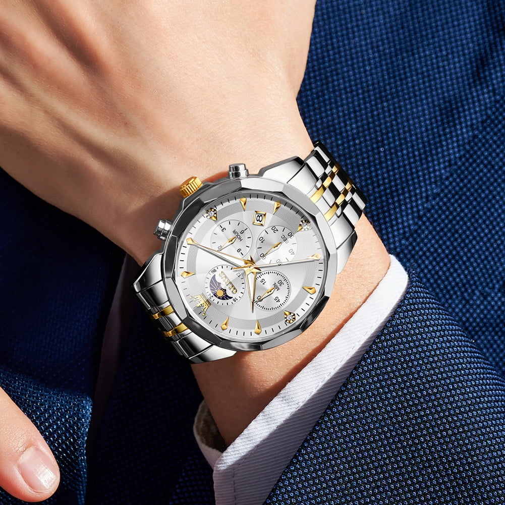 OLEVS Watches For Men Business Dress Luxury Casual Chronograph Multifunction Analog Quartz Stainless Steel Waterproof Luminous Moon Phase Date Men Wrist Watches Reloj Para Hombre White Dial