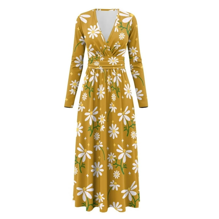 Fkelyi Daisy Flower Starry Print Womens Maxi Dress for Fall Casual Dress A-Line Tiered Flowy Long Sleeve Dresses with Side Pockets for Wedding Guest,