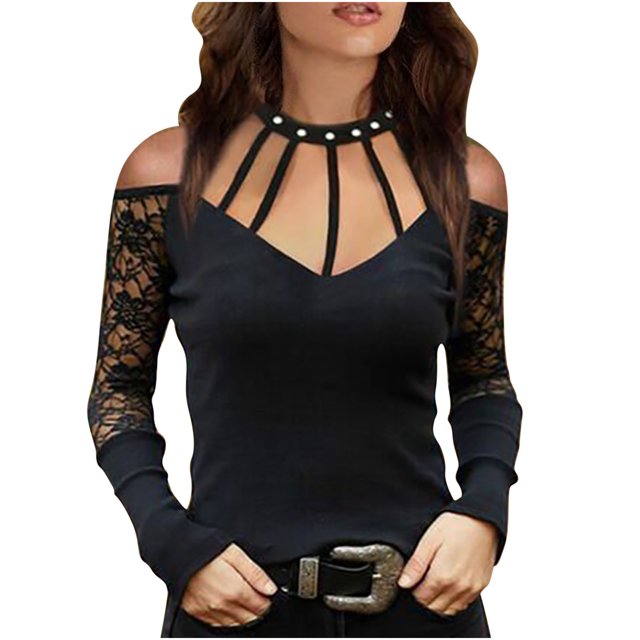Mujeres sólido cuello en V manga larga encaje ahueca hacia fuera la camiseta Polluver blusa Tops Fridja FKASFK4346