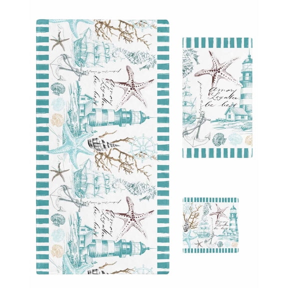 Turquoise Ocean Bath Towels for Bathroom Set,Luxury Microfiber Towels Gifts for Women,Beach Kitchen Hand Hair Face Towel and Dish Washcloth,Coastal Nautical Lighthouse Starfish Towels Set
