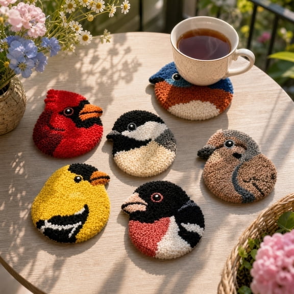 DIY Bird Coasters Punch Needle Kit, Punch Needle Coaster Kit for Adults Beginners with Pre-Printed Patterns, Yarn, Hoop & Tools,Stress Relief Craft Set, Easy Craft Kit for Home Décor, Gifts