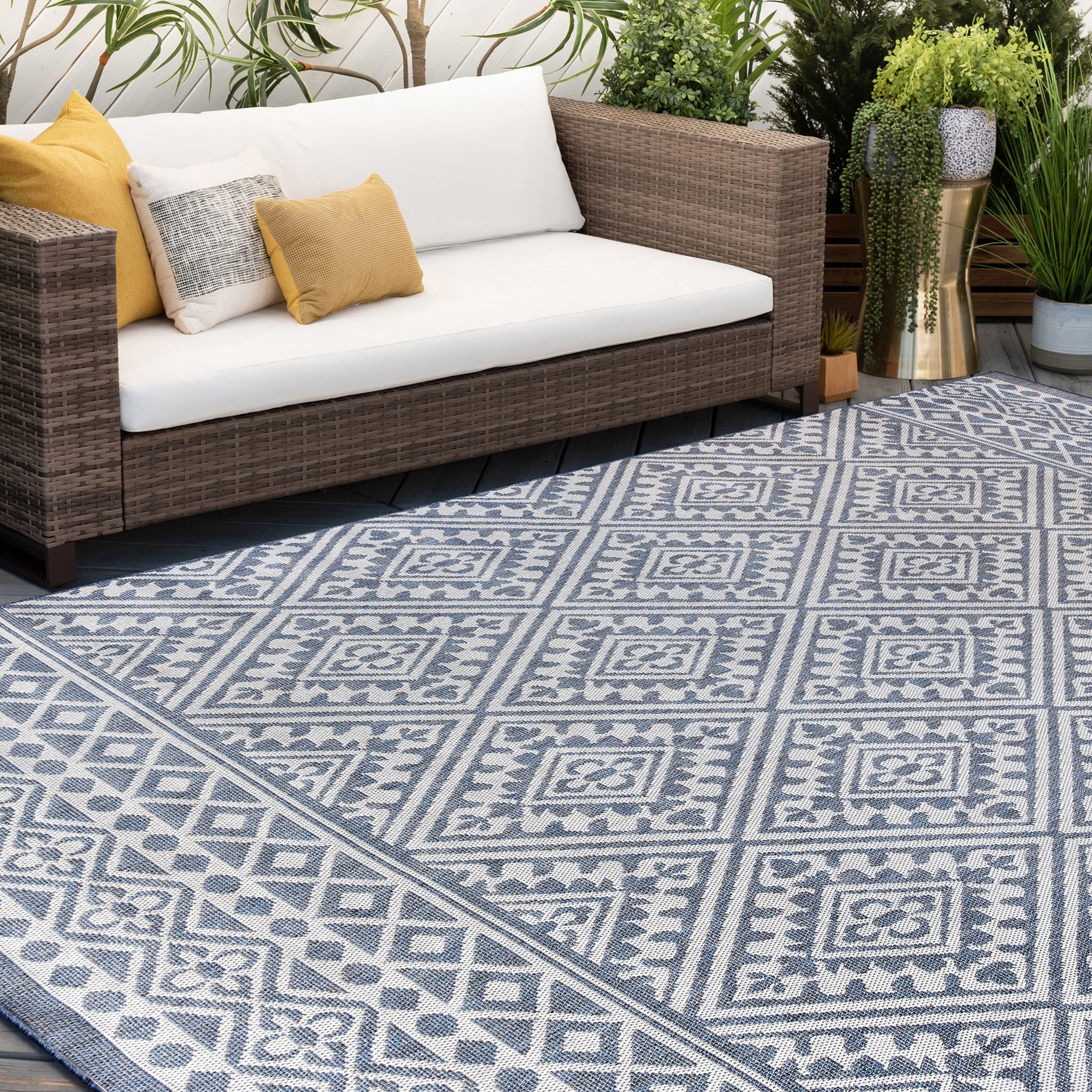 5x7 Water Resistant, Indoor Outdoor Rugs for Patios, Front Door Entry, Entryway, Deck, Porch, Balcony | Outside Area Rug for Patio | Blue, Tribal | Size: 5' x 6'11''