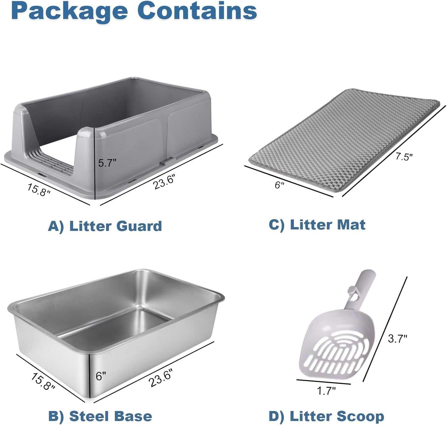 Gamexcel Extra Large 38L Stainless Steel Cat Litter Box Metal Litter Pan with Scoop and Mat Set - Odor, Stain and Rust Resistant, Easy to Clean, Gray