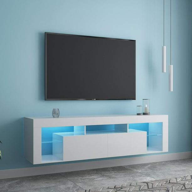 Modern Tv Stand With 16 Color Led Universal Wall Mounted Floating Cabinet Table Entertainment Center Media Console For Living Room Com Modern Tv Stand With 16 Color Led, Flat Screen Tv Cabinets With Doors Wall Mountain