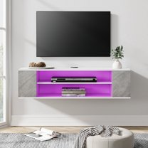 WAMPAT Floating TV Stand Wall Mounted Shelf with RGB Light, Entertainment Center Floating TV Cabinet Media Console Wood Storage Hutch Under TV for Living Room,Grey White,39 Inch