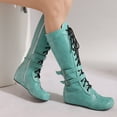 thumbnail image 2 of Xfvqtps Womens Western Boots with Buckle Winter Fashion Lace up Ankle Booties Low Heel Side Zipper Comfortable Mid Calf Boots Green, 2 of 5