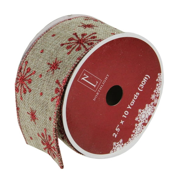 Northlight Club Pack of 12 Red Snowflake and Beige Burlap Wired Christmas Craft Ribbon Spools - 2.5"