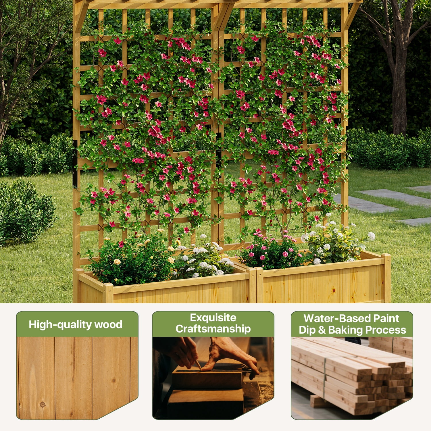 BaPiPro Yellow-Brown Tall Wood Planter Box with Trellis - 36" Raised Garden Bed with Hanging Roof, Outdoor Elevated Planter for Climbing Plants, Flowers - 2-Pack for Patio, Balcony