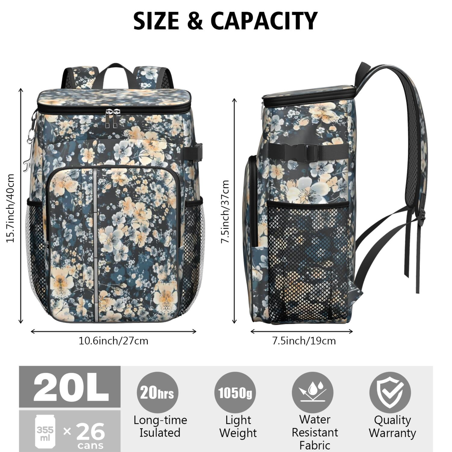 Travel Cooler Bag - Pioneer Flower Floral Print Pattern Camping Beer Cooler Backpack with Bottle Opener- Waterproof Insulated Picnic Backpacks - Cooler Bag for Beach