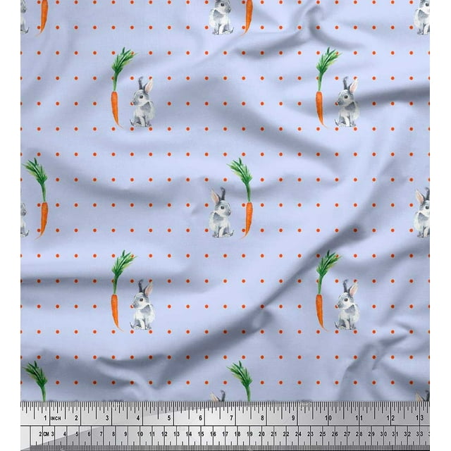 Soimoi Velvet Fabric Carrot & Rabbit Dots Print Fabric by the Yard 58 Inch Wide