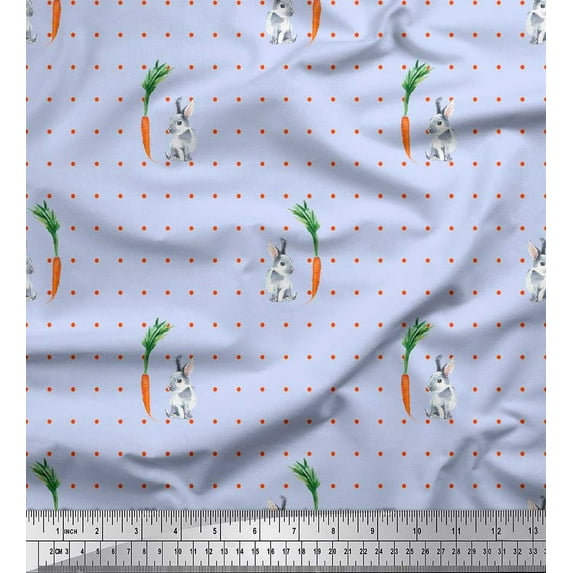 Soimoi Blue Heavy Satin Fabric Carrot & Rabbit Dots Printed Craft Fabric by the Yard 54 Inch Wide