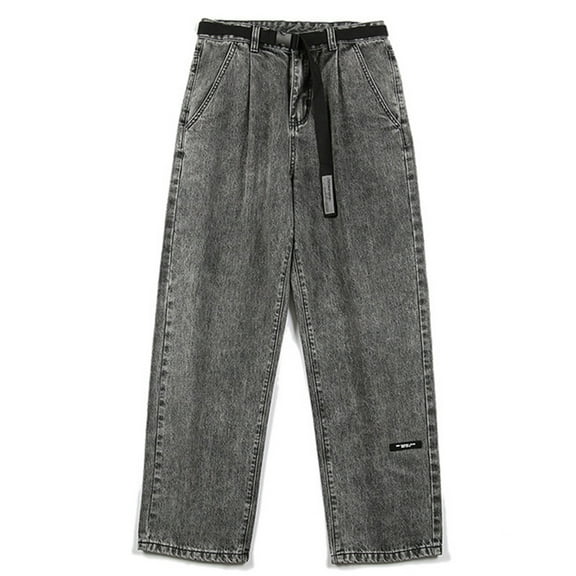 Tejiojio Men's and Big Men's Relaxed Fit Black And Gray Yarn Jeans Men's Straight Loose And Versatile Long With Belt Men's Trousers Bottoms