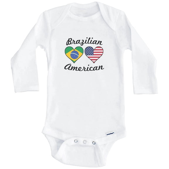 Brazilian American Flag Hearts Brazil One Piece Baby Bodysuit (Long Sleeve), 0-3 Months White