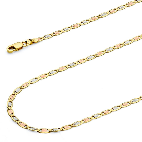Wellingsale 14k Tri 3 Color Gold Polished Solid 2.1mm Valentino Diamond Cut Chain Necklace with Lobster Claw Clasp - 16"
