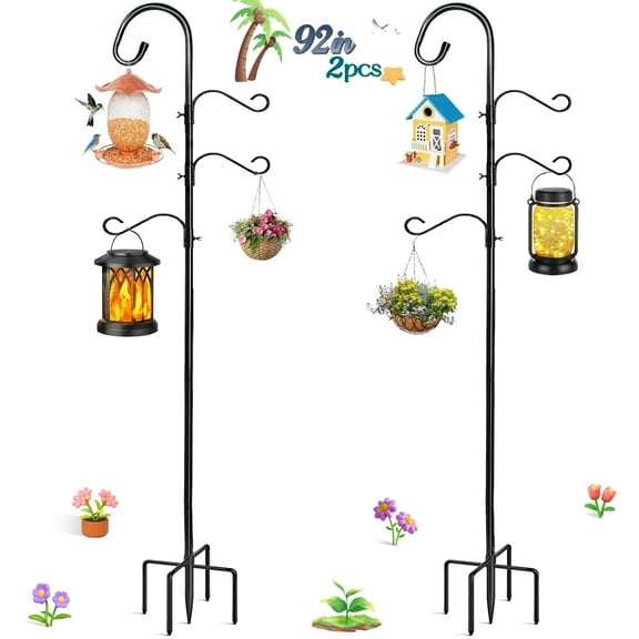 92" Shepherds Hooks for Outdoor 2pack, Bird Feeder Poles with 4 Hooks, Shepherds Hook for Bird Feeders Outside with Base, Garden Pole for Hanging Plant Baskets, Weddings Decor