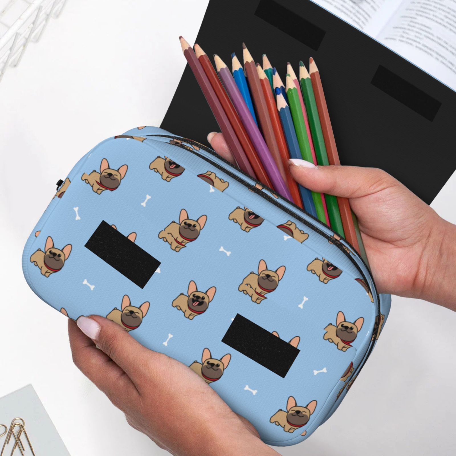 Rateoe Brown French Bulldog Pattern Double Clamshell Pen Case, Storage Organizer with Two Zipper Compartments– Holds Up to 50 Pencils & Pens