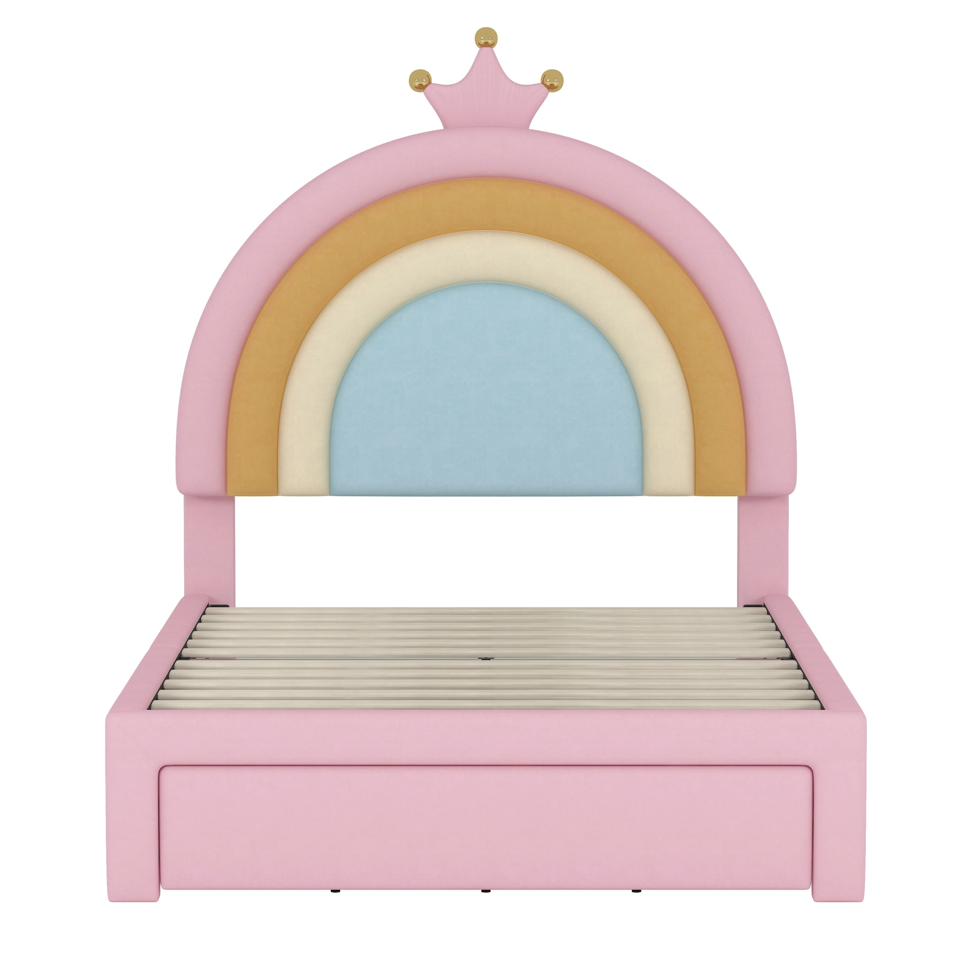 Jopath Twin Size Upholstered Bed, Velvet Princess Platform Bed with Storage Drawer, Rainbow Design for Toddler Kids Teens