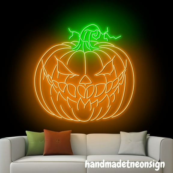 Handmadetneonsign Horror Pumpkin Neon Sign, Pumpkin Halloween Led light, Halloween Wall Art Decor 68290