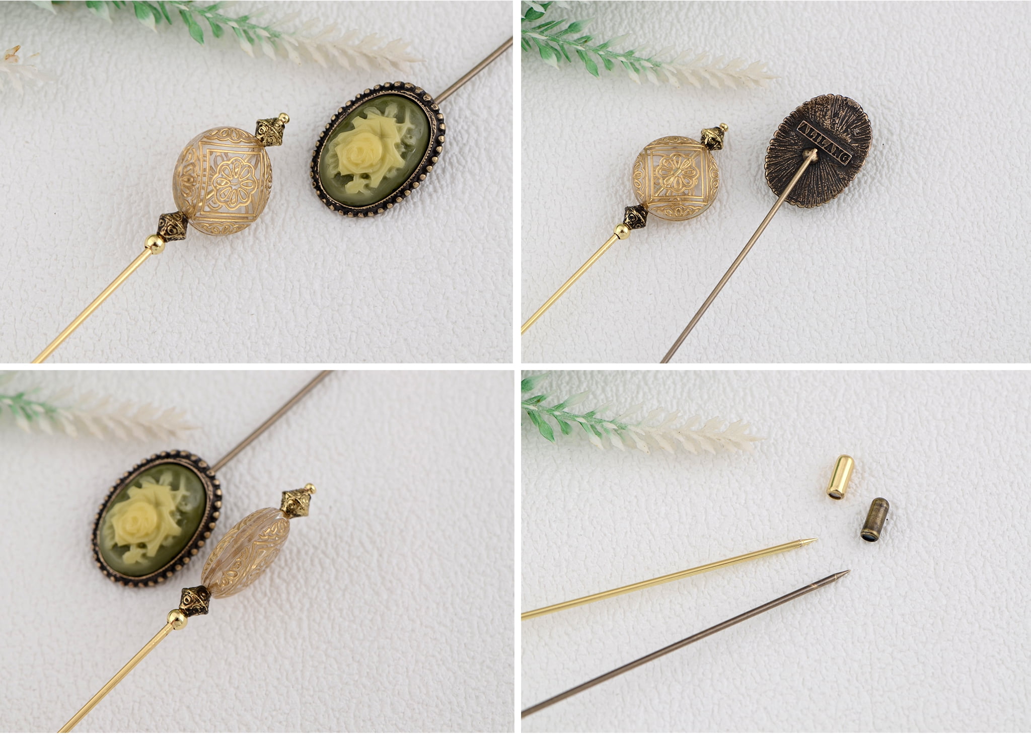 Gold Vintage Etched Carved Geometric Flower Hat Pin and Cameo Floral Lapel Pins for Women Pack of 2